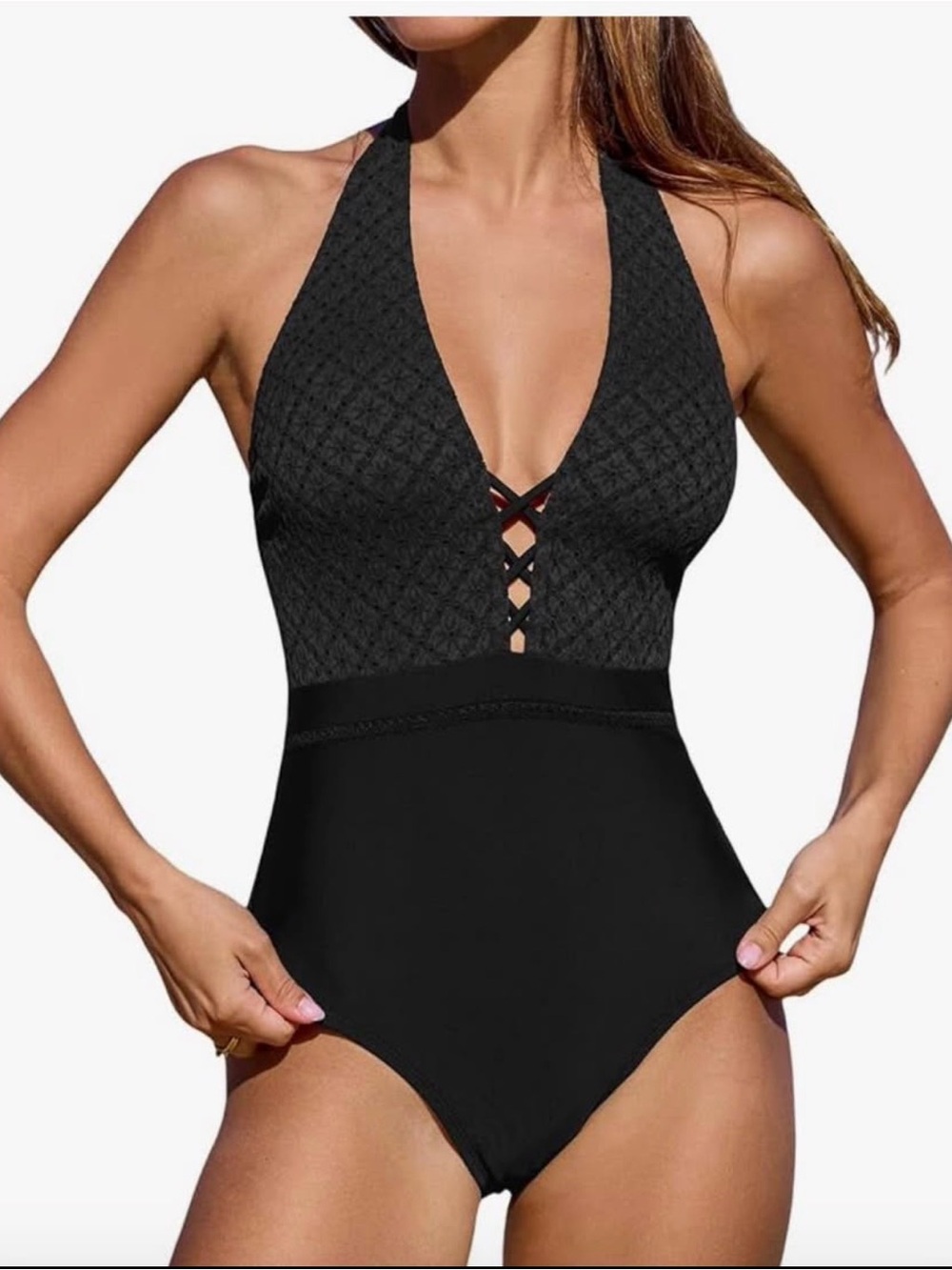 Black Halter One-Piece Swimsuit with Lace-Up Front